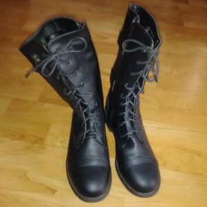 Black Faux Leather Lace-Up Boots Mid-Calf Like New